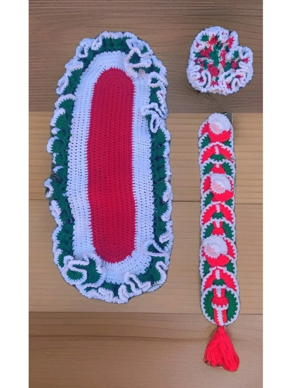 Vintage Handmade Crochet Christmas Decor Set Santa Table Runner Wall Decor Doily
